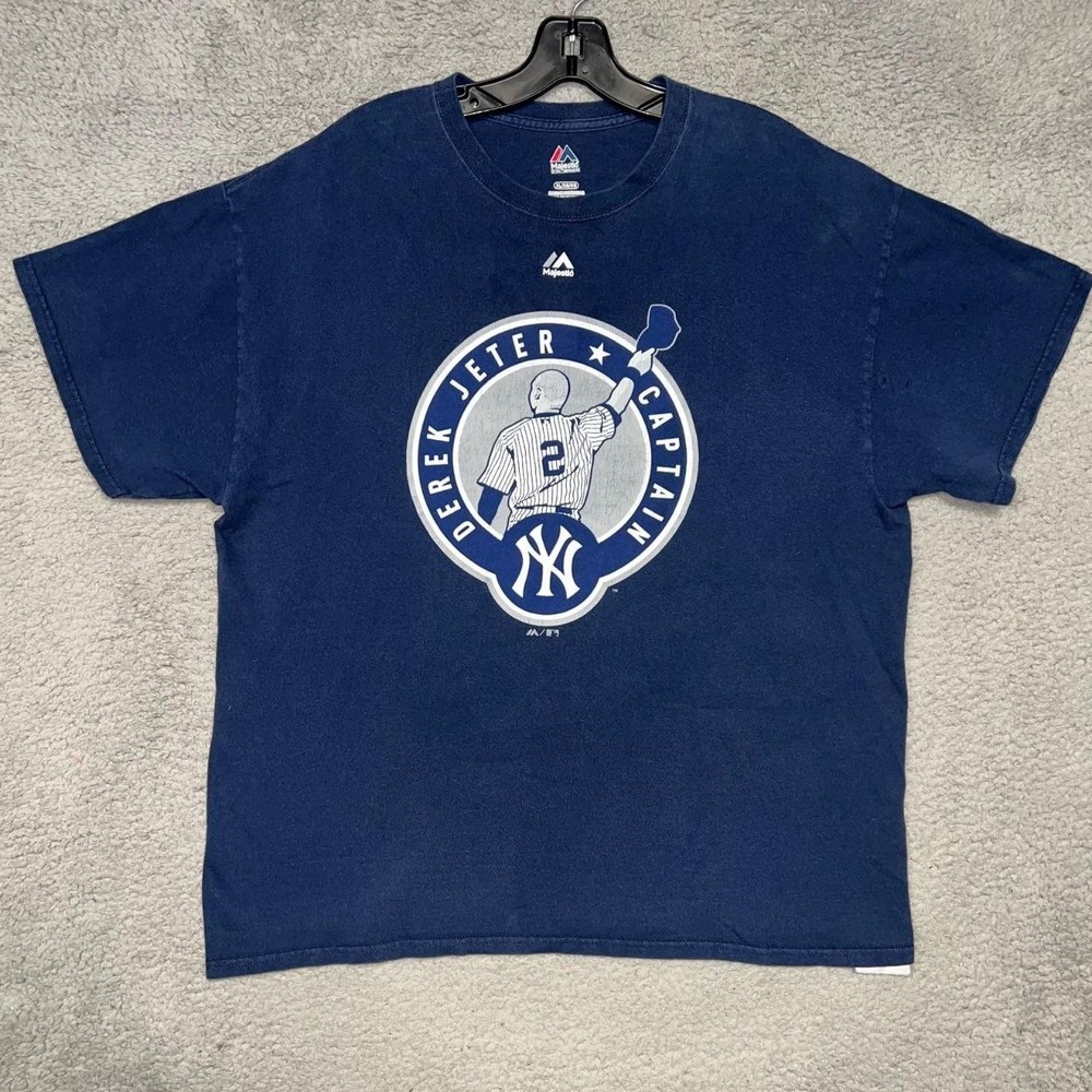 Majestic New York Yankees Derek Jeter Captain T Shirt Mens Sz XL Blue #2 MLB Tee